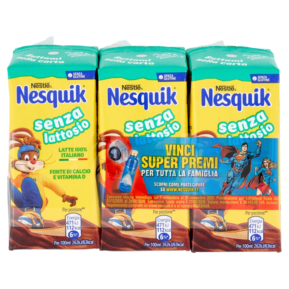 NESQUIK PRONTO DA BERE SENZA LATTOSIO Bevanda a base di latte e cacao solubile 3 brick da 180ml